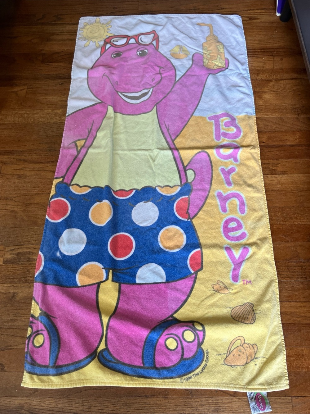 Vintage Barney Swim Beach Towel 1998 Bath Cotton Purple Dinosaur 55X28